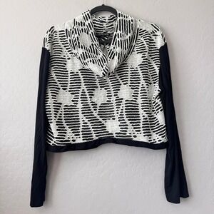 Carine XLarge Cropped Top Black White Long Sleeve Cowl Neck Open Back Burnout